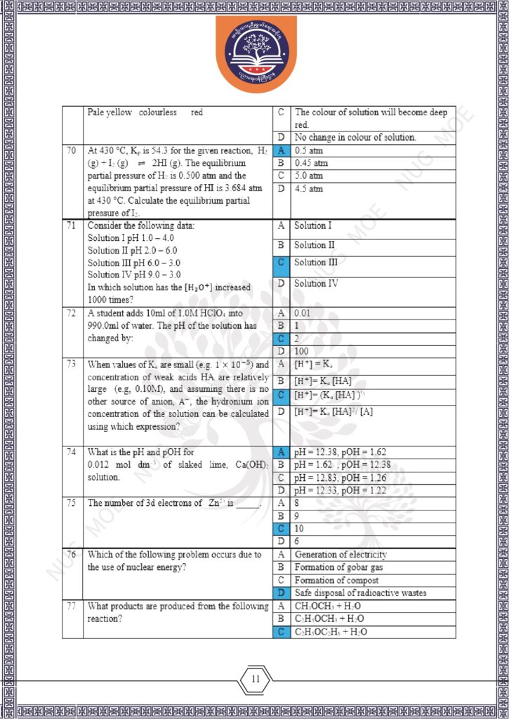 ပညာရေးဝန်ကြီးဌာန https://moe.nugmyanmar.org/msg-to-people/beca-sample-question-chemistry-2026/