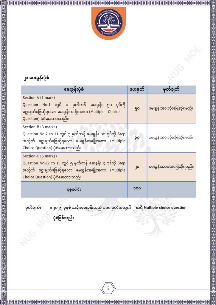 ပညာရေးဝန်ကြီးဌာန https://moe.nugmyanmar.org/msg-to-people/beca-sample-question-2026-maths/